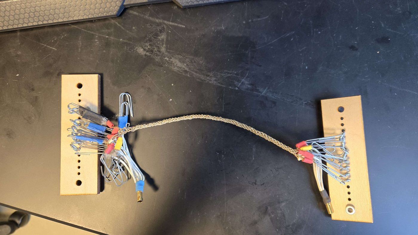 Two wooden blocks each carrying FSRs wired through a braided cable