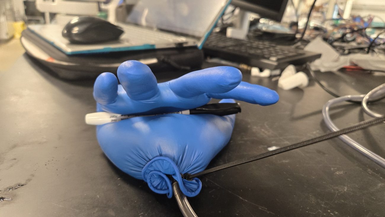 Glove with a pencil limb surrogate inside, connected to a vacuum line