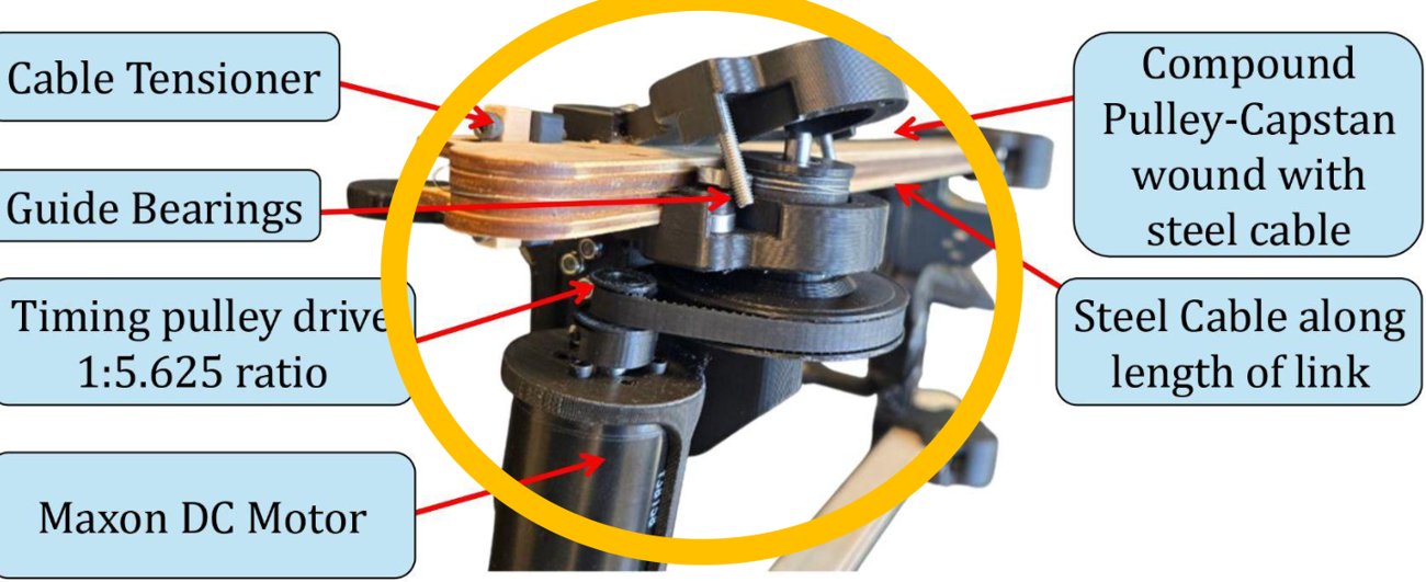 Linear capstan drive with labeled cable tensioner, guide bearings, timing pulley, and Maxon motor