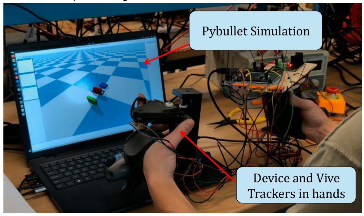 A participant using PHABS with Vive trackers in front of the PyBullet simulation
