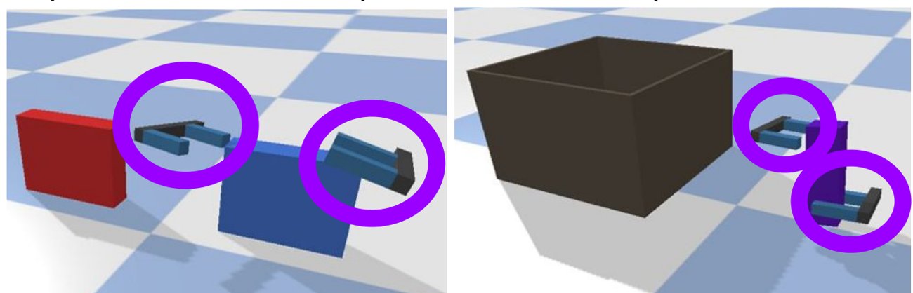 Two PyBullet scenes: stiffness blocks and a fragile object with a bin